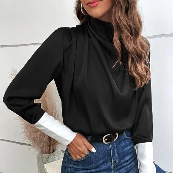 Black Casual Womens Contrast Cuff Fold Pleated Detail 2 In 1 Blouse - Picture 2 of 5